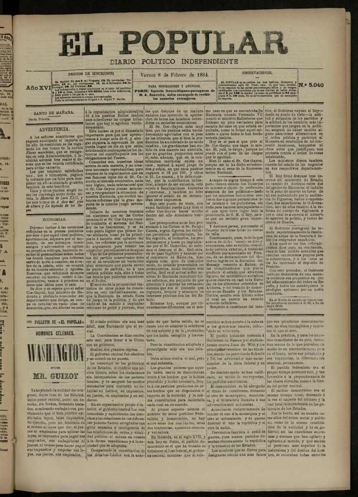 Miniatura de El Popular: diario independiente, político, literario y de noticias de interés general del 8 de febrero de 1884, nº 5040