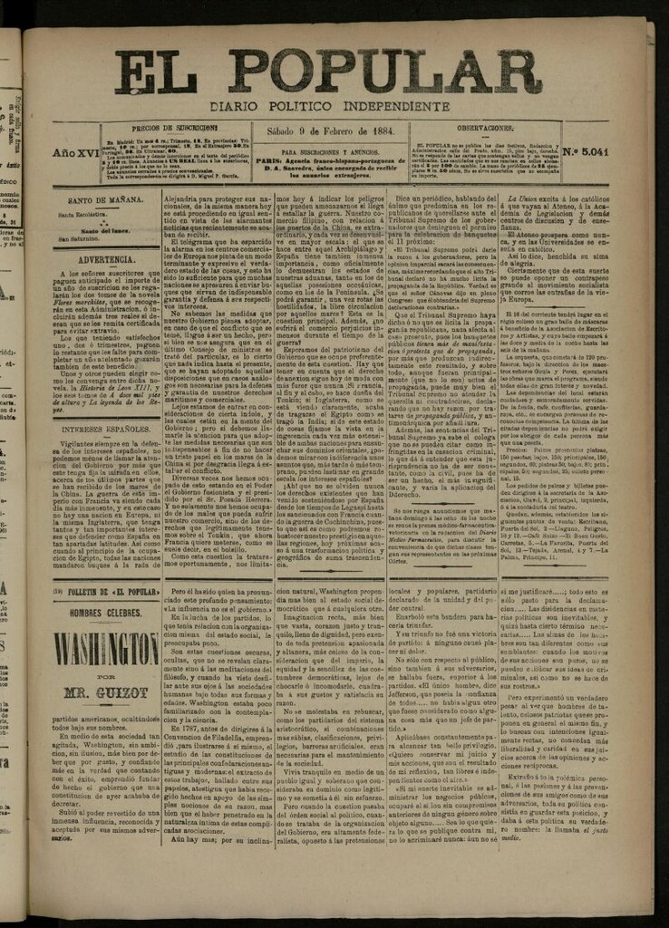 Miniatura de El Popular: diario independiente, político, literario y de noticias de interés general del 9 de febrero de 1884, nº 5041