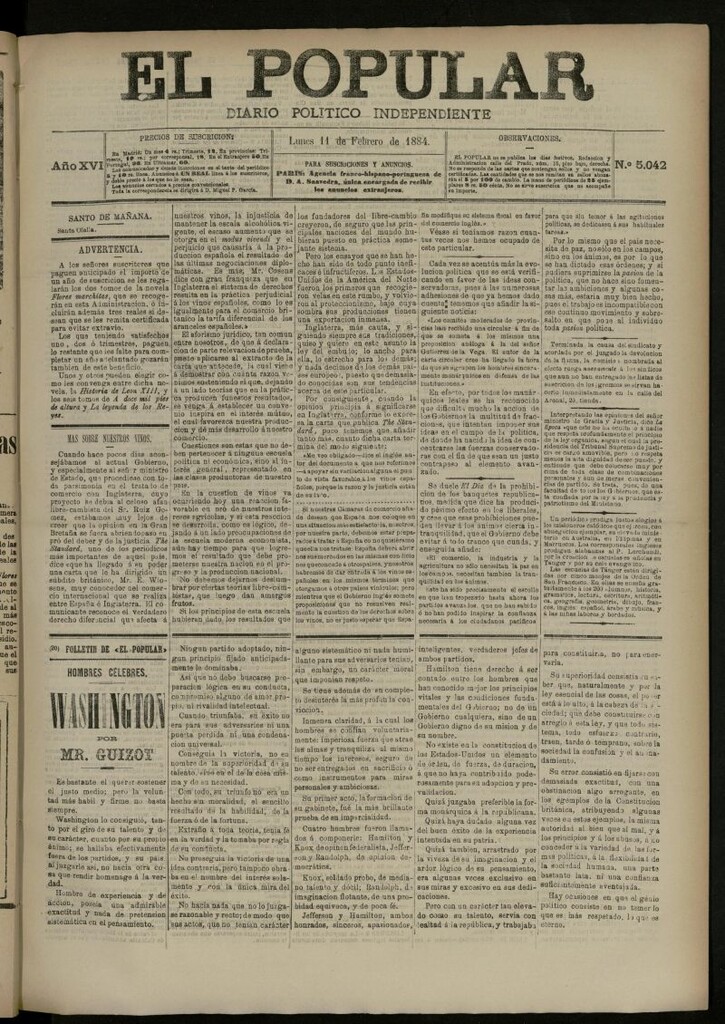 Miniatura de El Popular: diario independiente, político, literario y de noticias de interés general del 11 de febrero de 1884, nº 5042