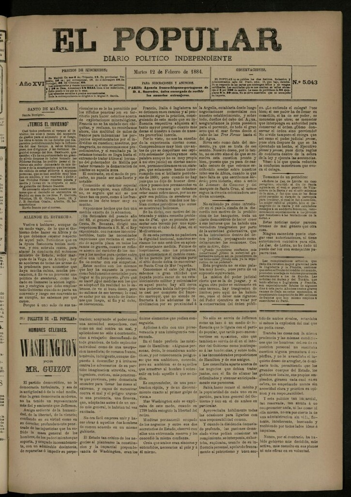 Miniatura de El Popular: diario independiente, político, literario y de noticias de interés general del 12 de febrero de 1884, nº 5043
