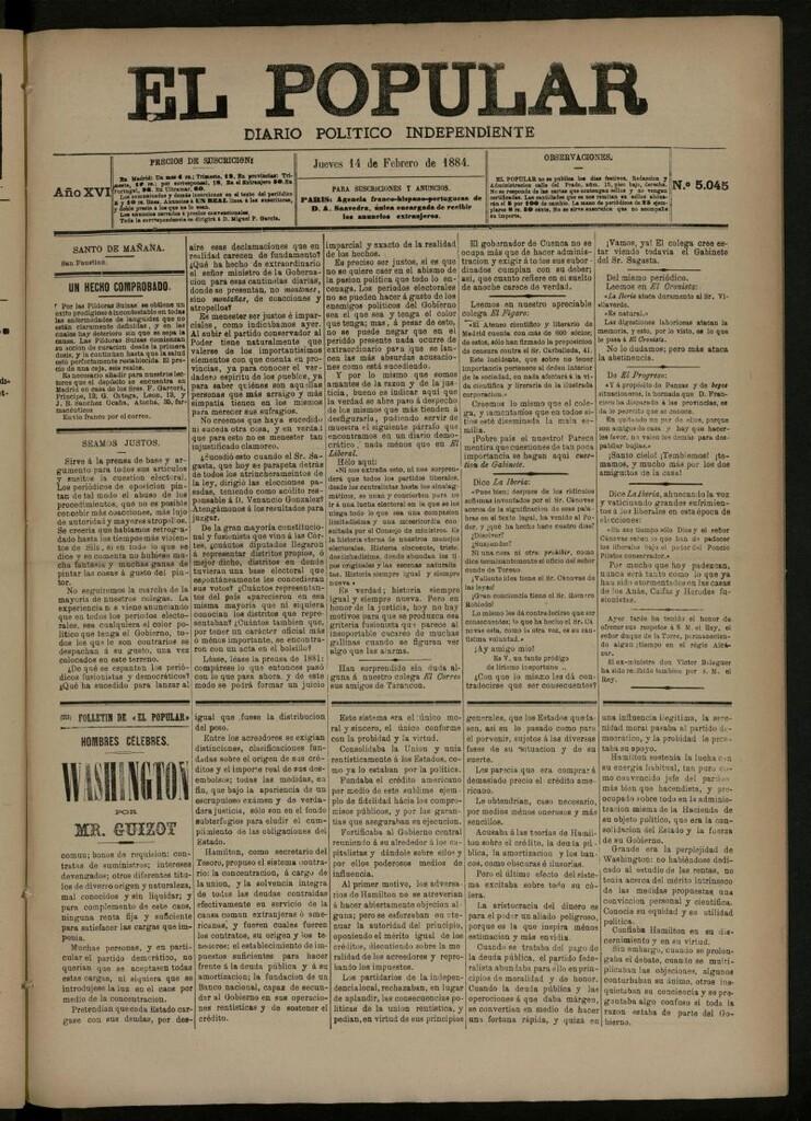 Miniatura de El Popular: diario independiente, político, literario y de noticias de interés general del 14 de febrero de 1884, nº 5045