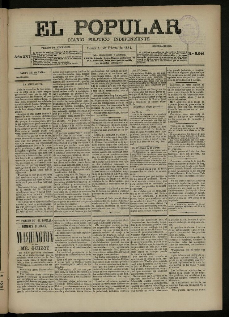 Miniatura de El Popular: diario independiente, político, literario y de noticias de interés general del 15 de febrero de 1884, nº 5046