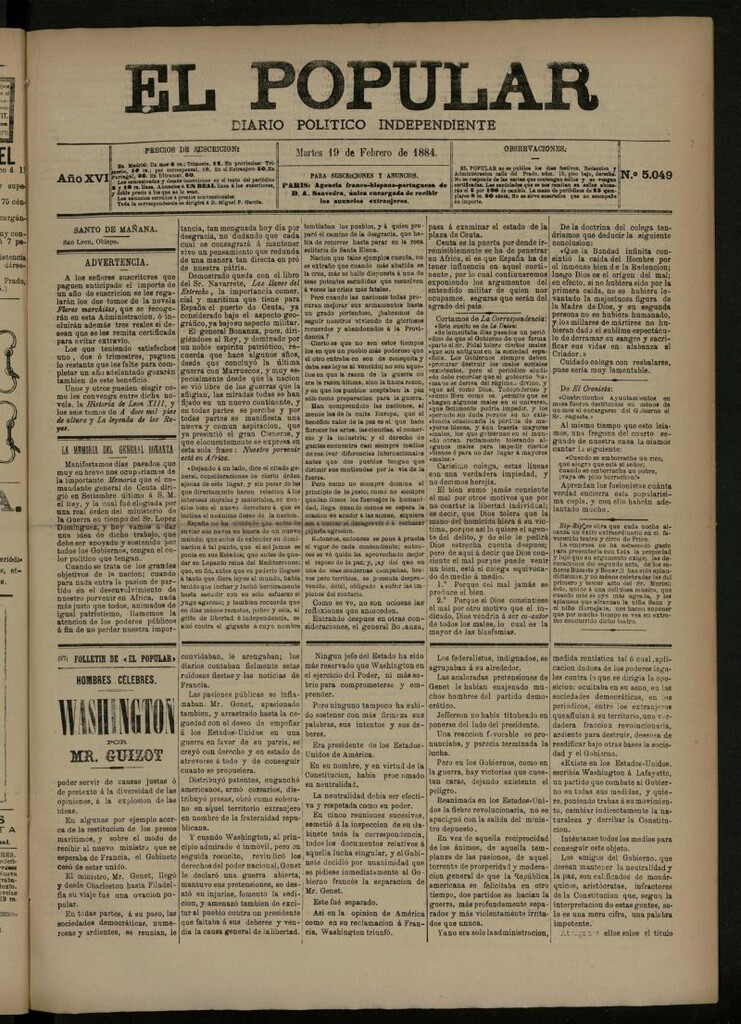 Miniatura de El Popular: diario independiente, político, literario y de noticias de interés general del 19 de febrero de 1884, nº 5049