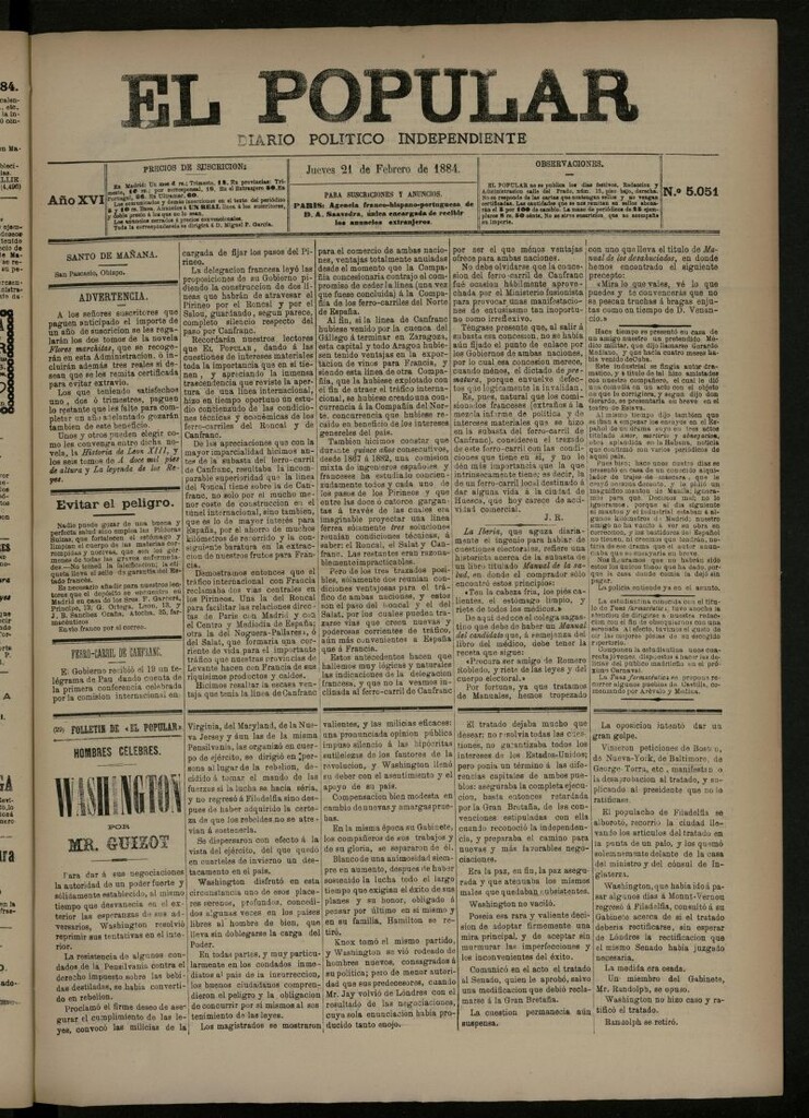 Miniatura de El Popular: diario independiente, político, literario y de noticias de interés general del 21 de febrero de 1884, nº 5051