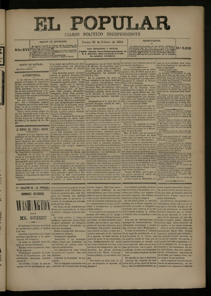 Miniatura de El Popular: diario independiente, político, literario y de noticias de interés general del 22 de febrero de 1884, nº 5052