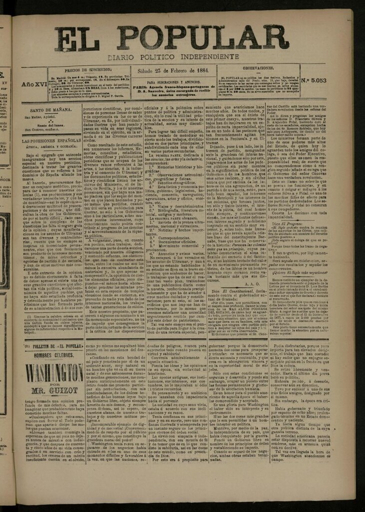 Miniatura de El Popular: diario independiente, político, literario y de noticias de interés general del 23 de febrero de 1884, nº 5053