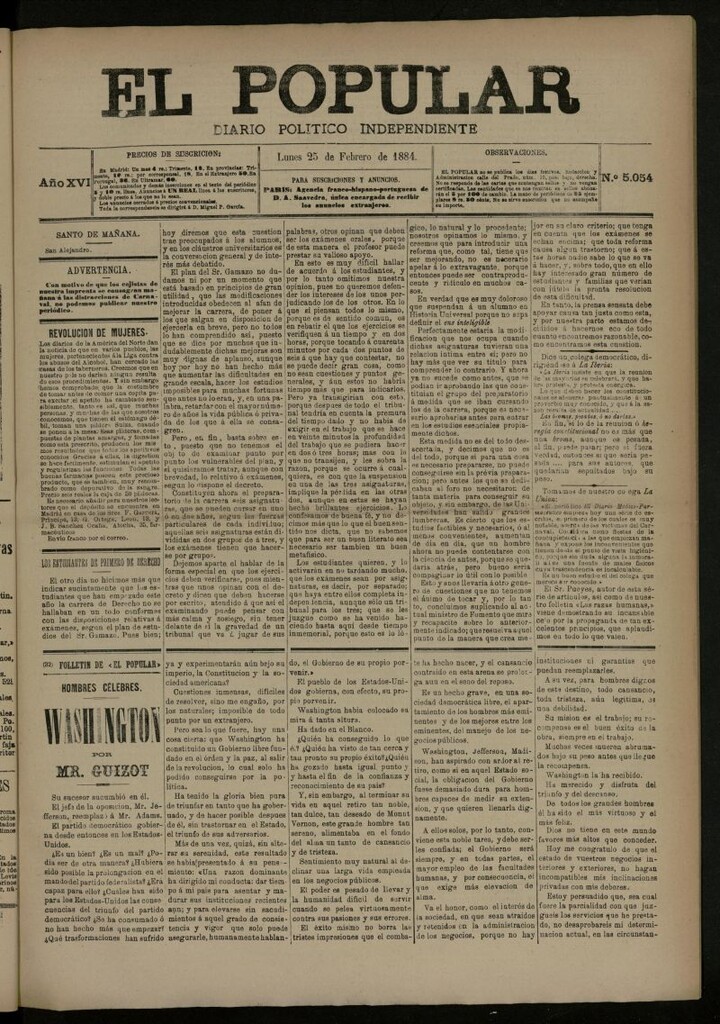 Miniatura de El Popular: diario independiente, político, literario y de noticias de interés general del 25 de febrero de 1884, nº 5054