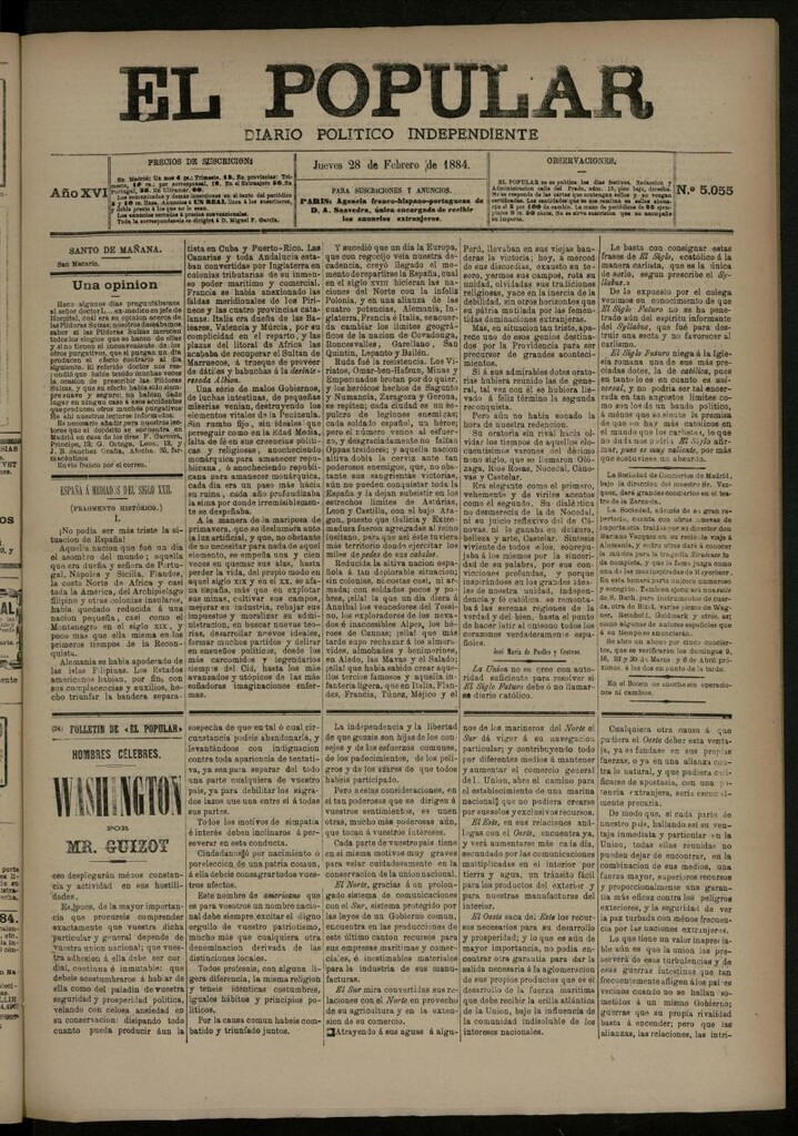 Miniatura de El Popular: diario independiente, político, literario y de noticias de interés general del 28 de febrero de 1884, nº 5055