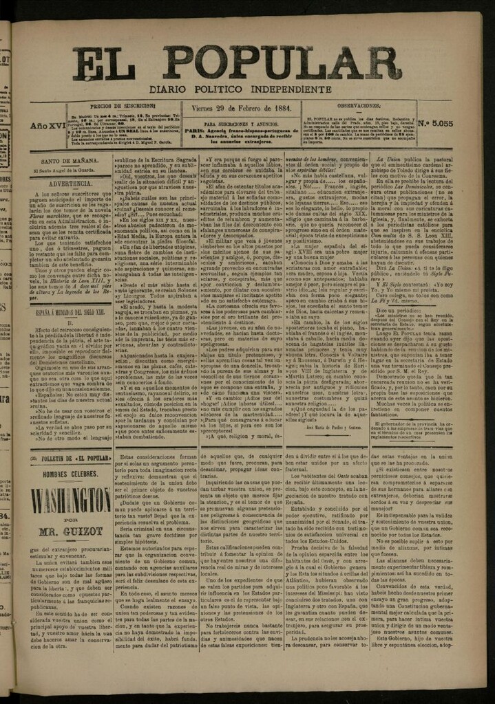 Miniatura de El Popular: diario independiente, político, literario y de noticias de interés general del 29 de febrero de 1884, nº 5055 [sic]