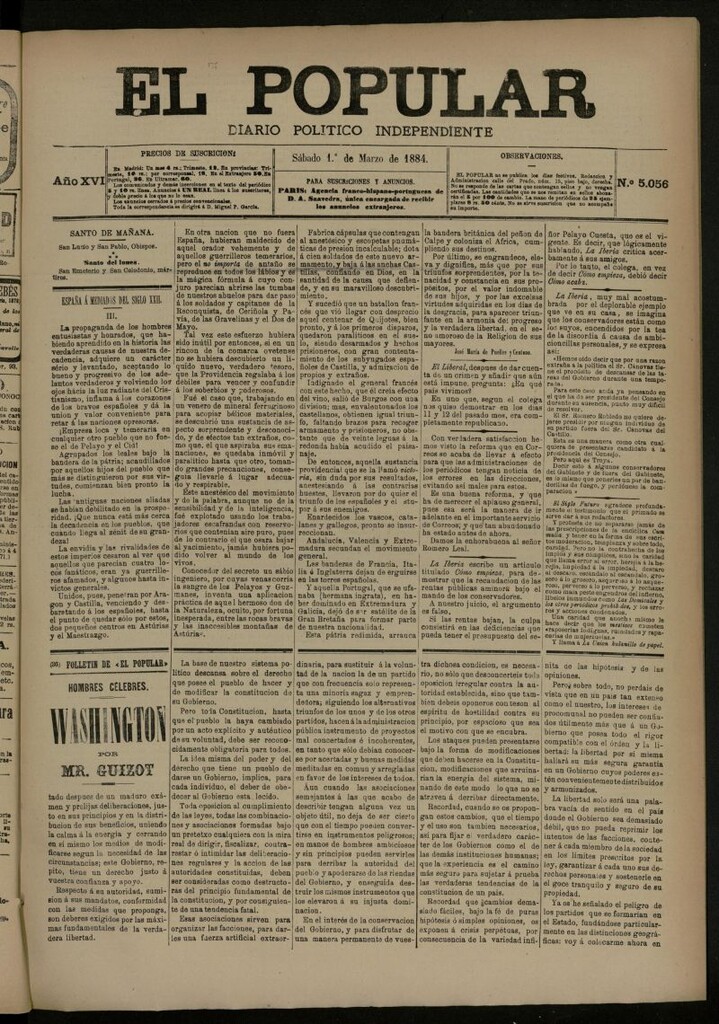 Miniatura de El Popular: diario independiente, político, literario y de noticias de interés general del 1 de marzo de 1884, nº 5056
