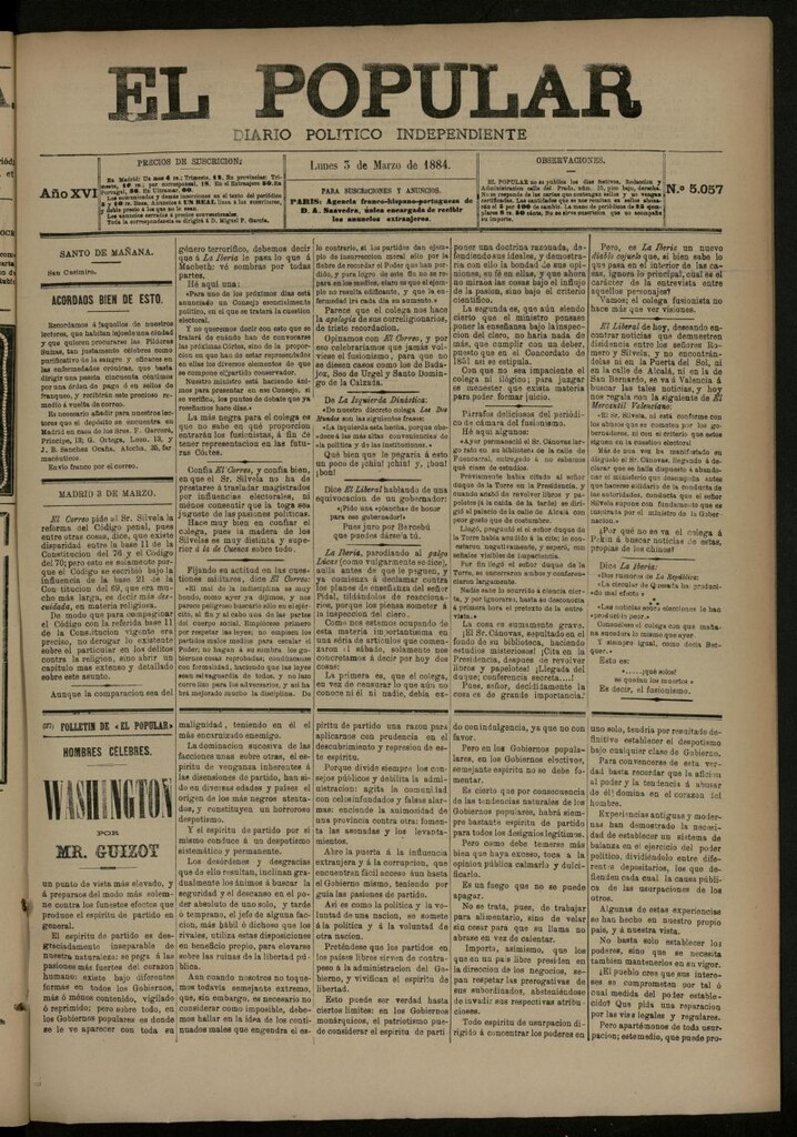 Miniatura de El Popular: diario independiente, político, literario y de noticias de interés general del 3 de marzo de 1884, nº 5057