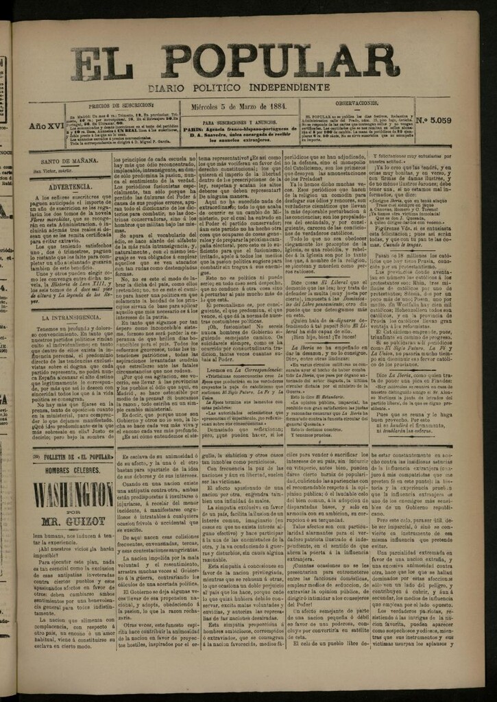 Miniatura de El Popular: diario independiente, político, literario y de noticias de interés general del 5 de marzo de 1884, nº 5059