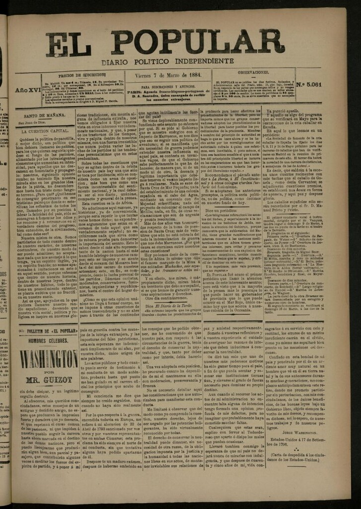 Miniatura de El Popular: diario independiente, político, literario y de noticias de interés general del 7 de marzo de 1884, nº 5061