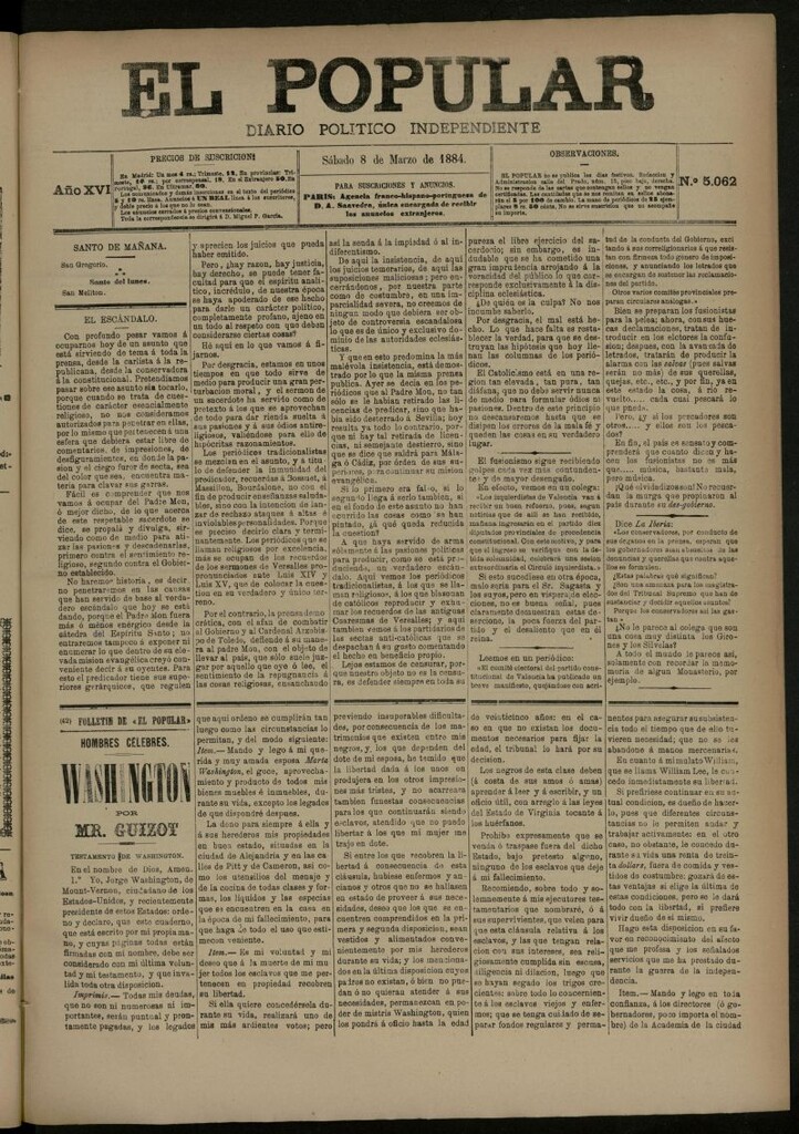 Miniatura de El Popular: diario independiente, político, literario y de noticias de interés general del 8 de marzo de 1884, nº 5062