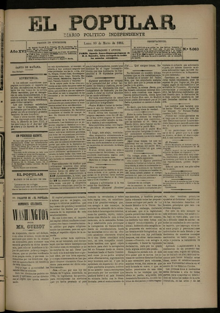 Miniatura de El Popular: diario independiente, político, literario y de noticias de interés general del 10 de marzo de 1884, nº 5063