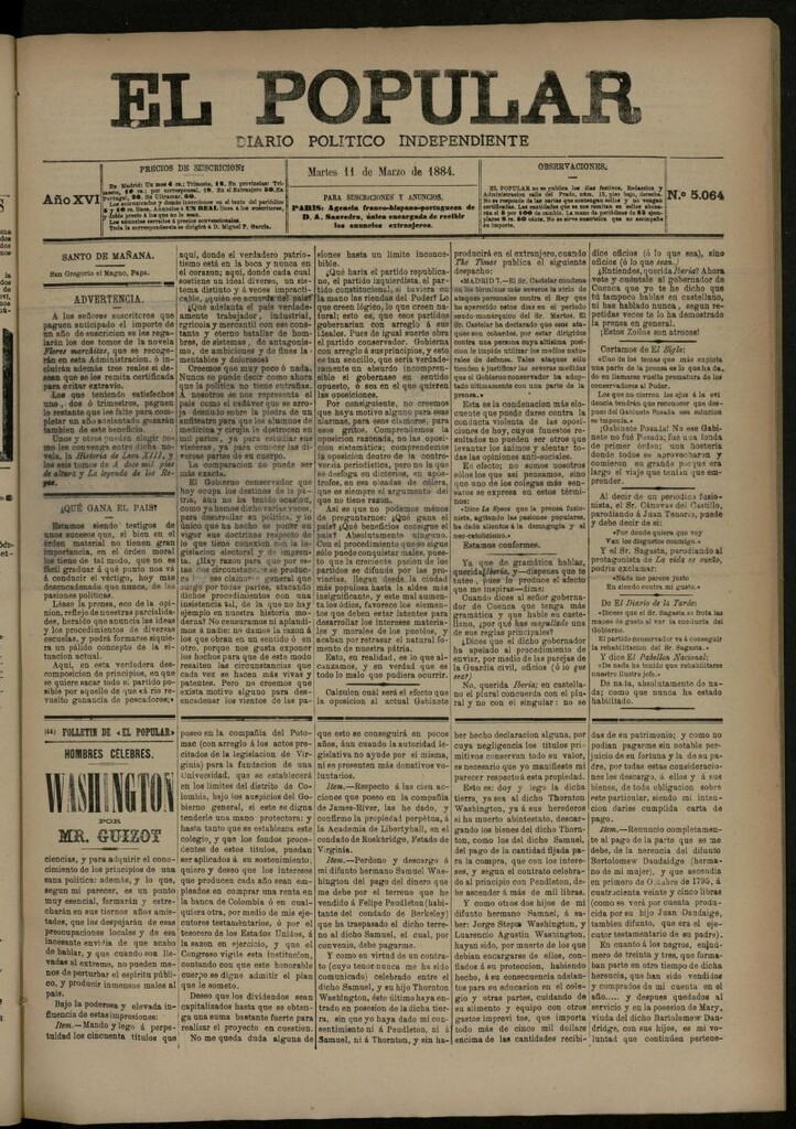 Miniatura de El Popular: diario independiente, político, literario y de noticias de interés general del 11 de marzo de 1884, nº 5064