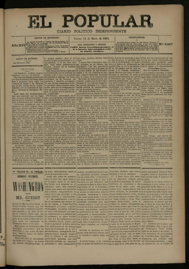 Miniatura de El Popular: diario independiente, político, literario y de noticias de interés general del 14 de marzo de 1884, nº 5067
