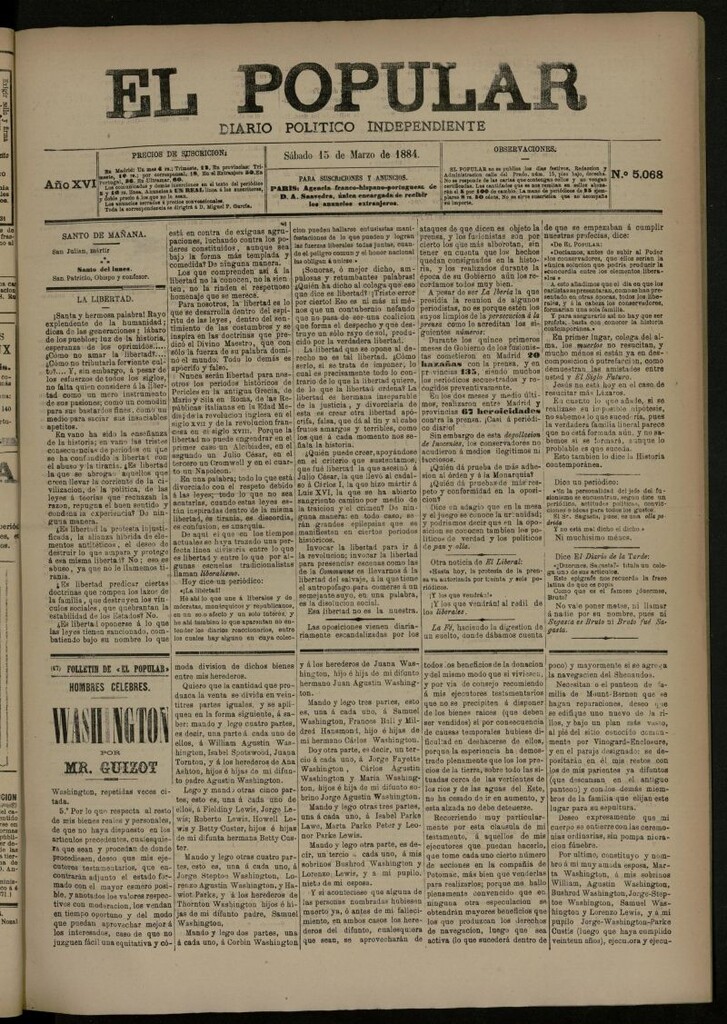 Miniatura de El Popular: diario independiente, político, literario y de noticias de interés general del 15 de marzo de 1884, nº 5068