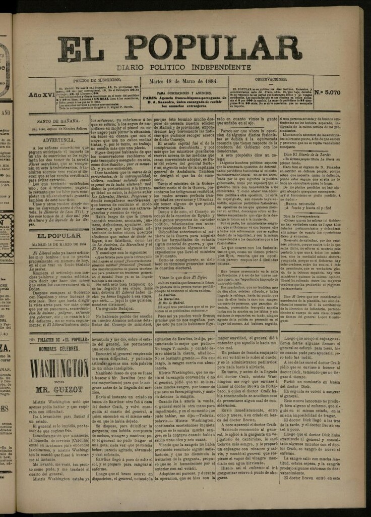 Miniatura de El Popular: diario independiente, político, literario y de noticias de interés general del 18 de marzo de 1884, nº 5070