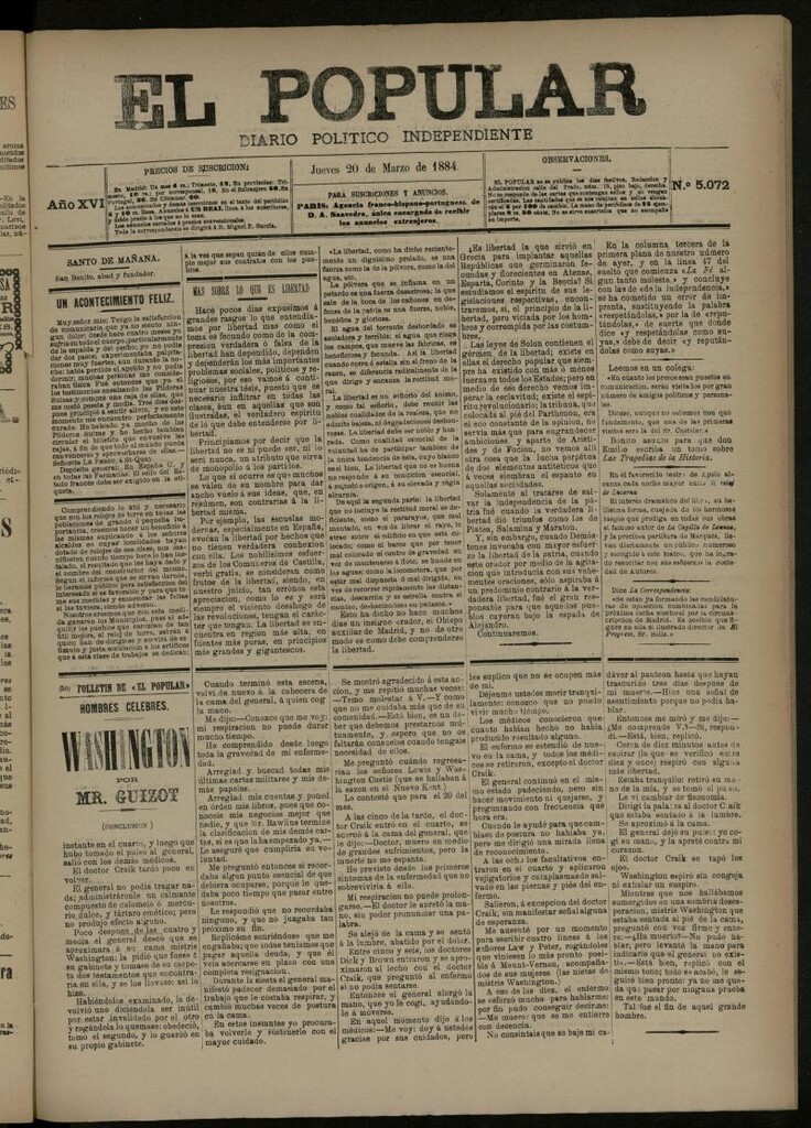 Miniatura de El Popular: diario independiente, político, literario y de noticias de interés general del 20 de marzo de 1884, nº 5072