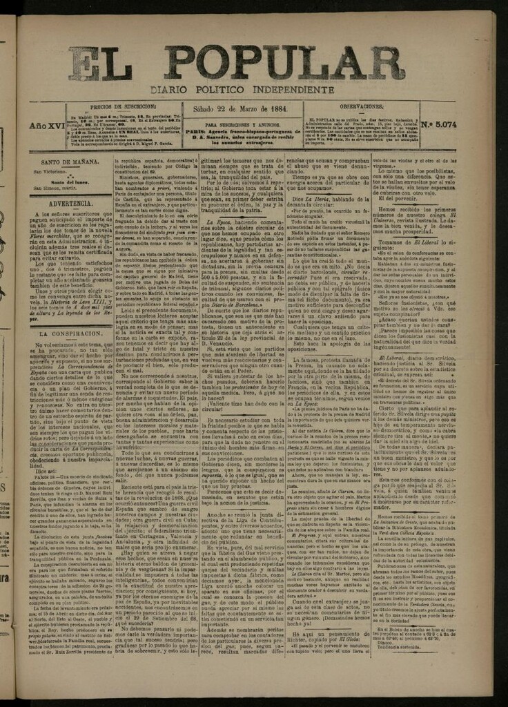 Miniatura de El Popular: diario independiente, político, literario y de noticias de interés general del 22 de marzo de 1884, nº 5074