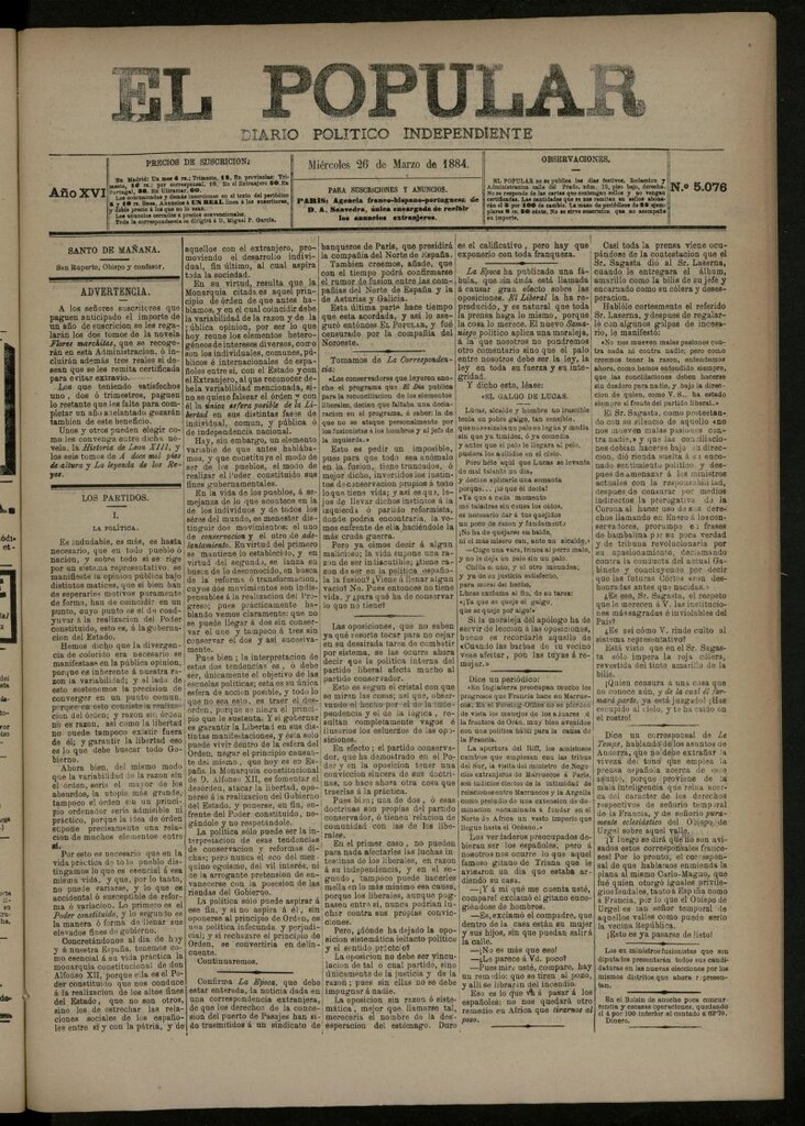 Miniatura de El Popular: diario independiente, político, literario y de noticias de interés general del 26 de marzo de 1884, nº 5076