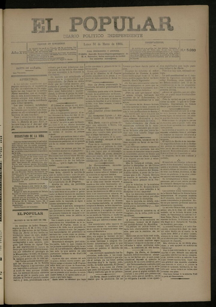 Miniatura de El Popular: diario independiente, político, literario y de noticias de interés general del 31 de marzo de 1884, nº 5080