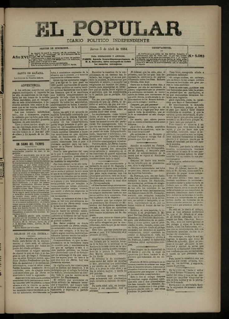 Miniatura de El Popular: diario independiente, político, literario y de noticias de interés general del 3 de abril de 1884, nº 5083