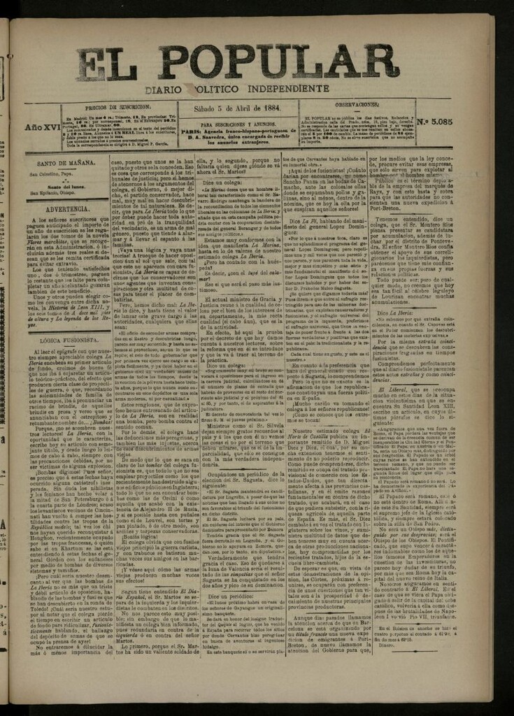 Miniatura de El Popular: diario independiente, político, literario y de noticias de interés general del 5 de abril de 1884, nº 5085