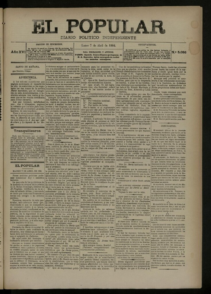 Miniatura de El Popular: diario independiente, político, literario y de noticias de interés general del 7 de abril de 1884, nº 5086