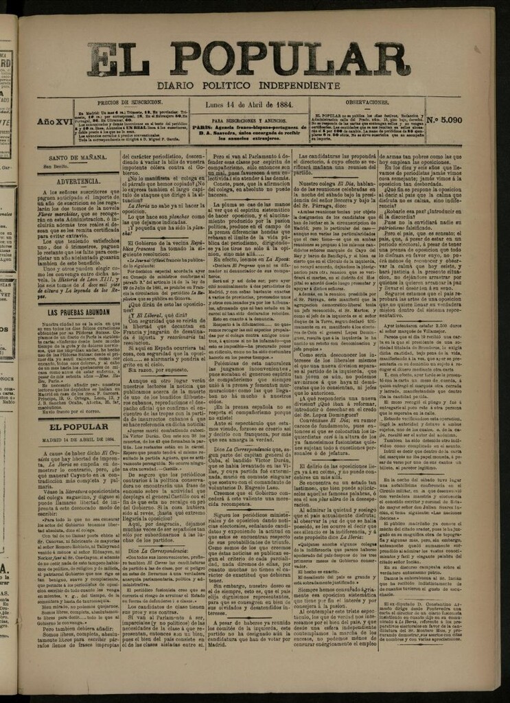 Miniatura de El Popular: diario independiente, político, literario y de noticias de interés general del 14 de abril de 1884, nº 5090