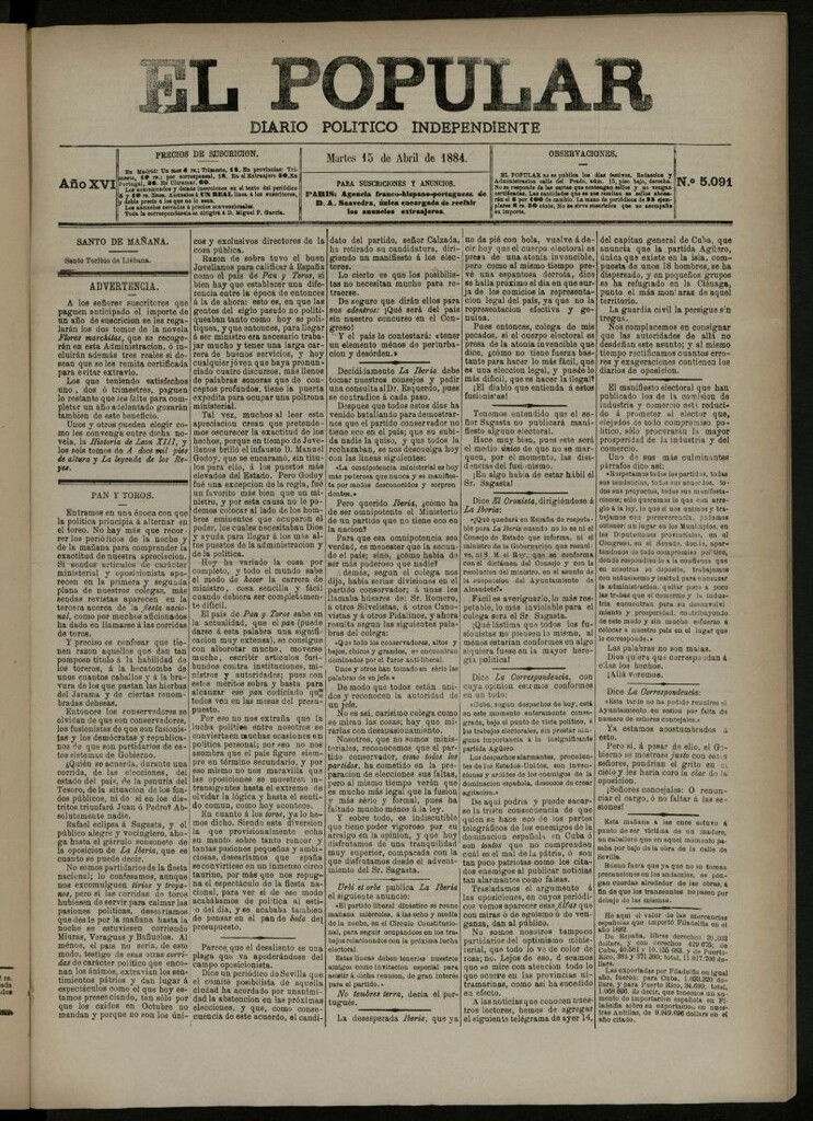 Miniatura de El Popular: diario independiente, político, literario y de noticias de interés general del 15 de abril de 1884, nº 5091