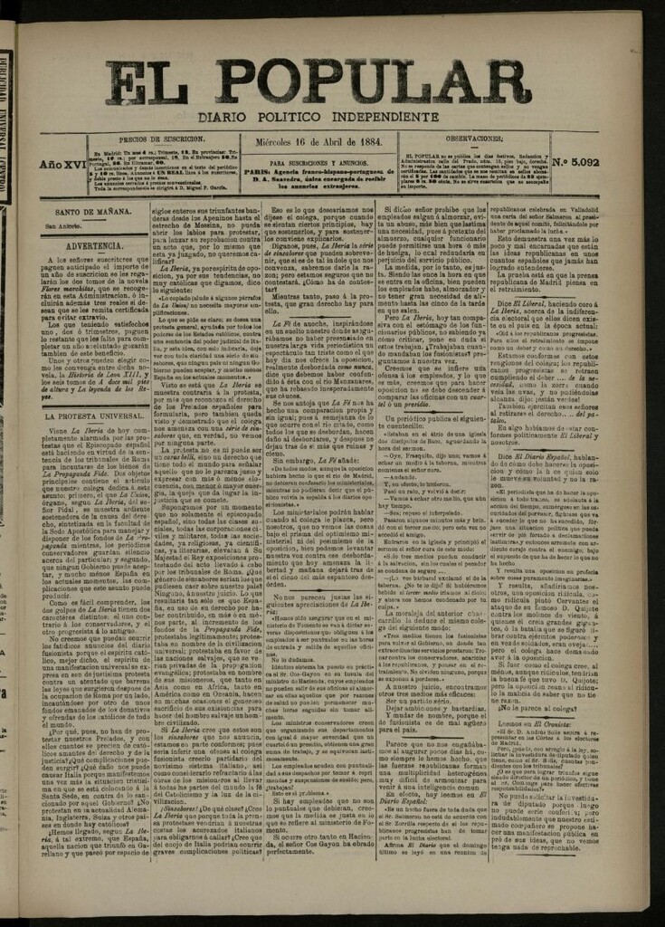 Miniatura de El Popular: diario independiente, político, literario y de noticias de interés general del 16 de abril de 1884, nº 5092