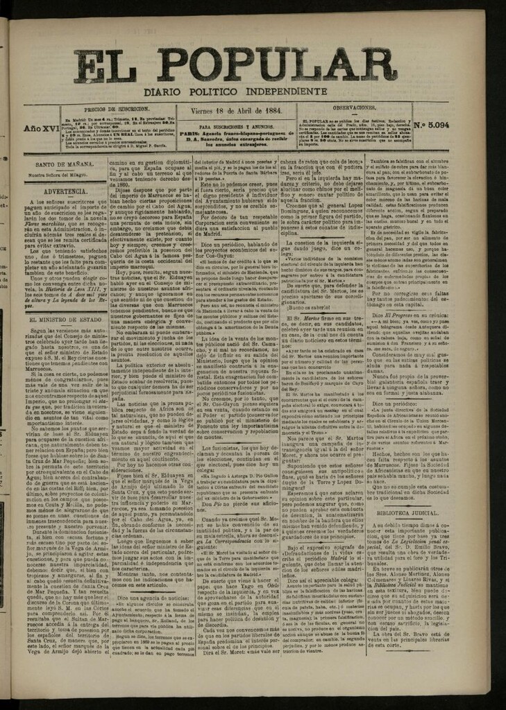 Miniatura de El Popular: diario independiente, político, literario y de noticias de interés general del 18 de abril de 1884, nº 5094