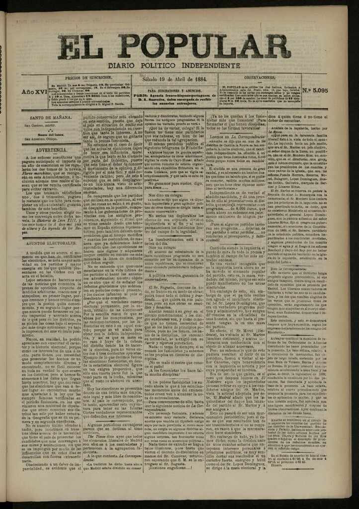 Miniatura de El Popular: diario independiente, político, literario y de noticias de interés general del 19 de abril de 1884, nº 5095