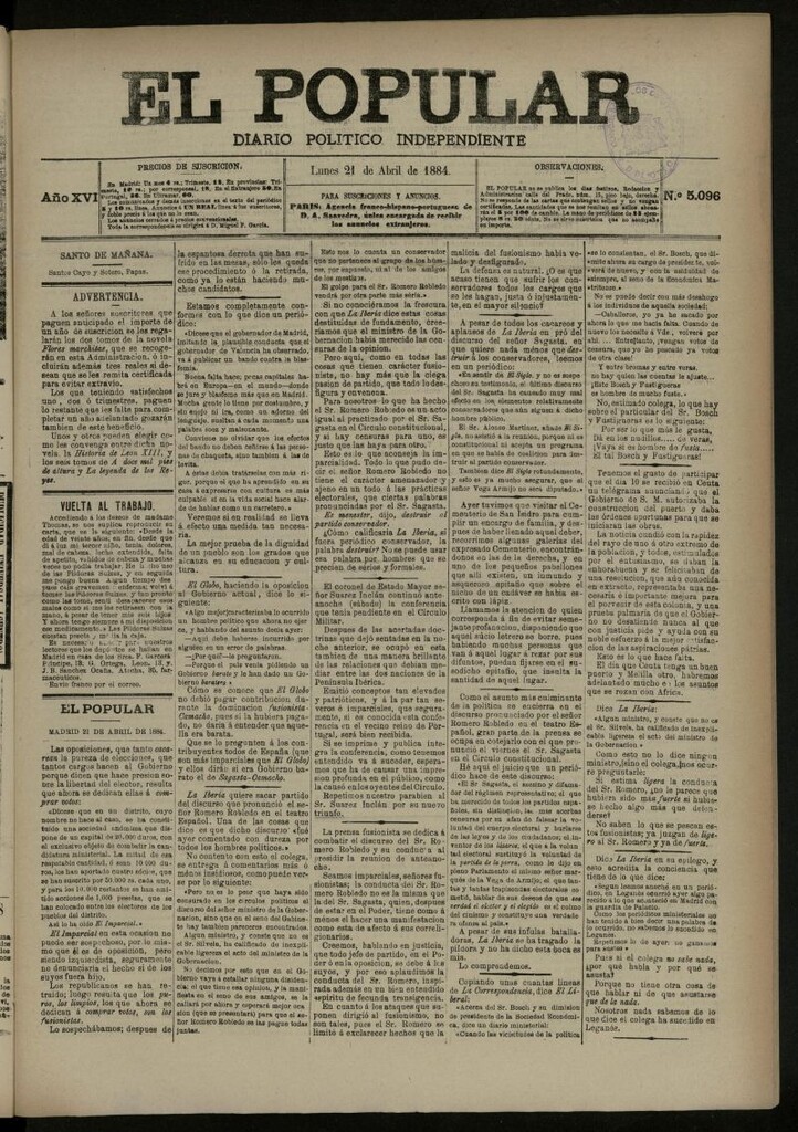 Miniatura de El Popular: diario independiente, político, literario y de noticias de interés general del 21 de abril de 1884, nº 5096