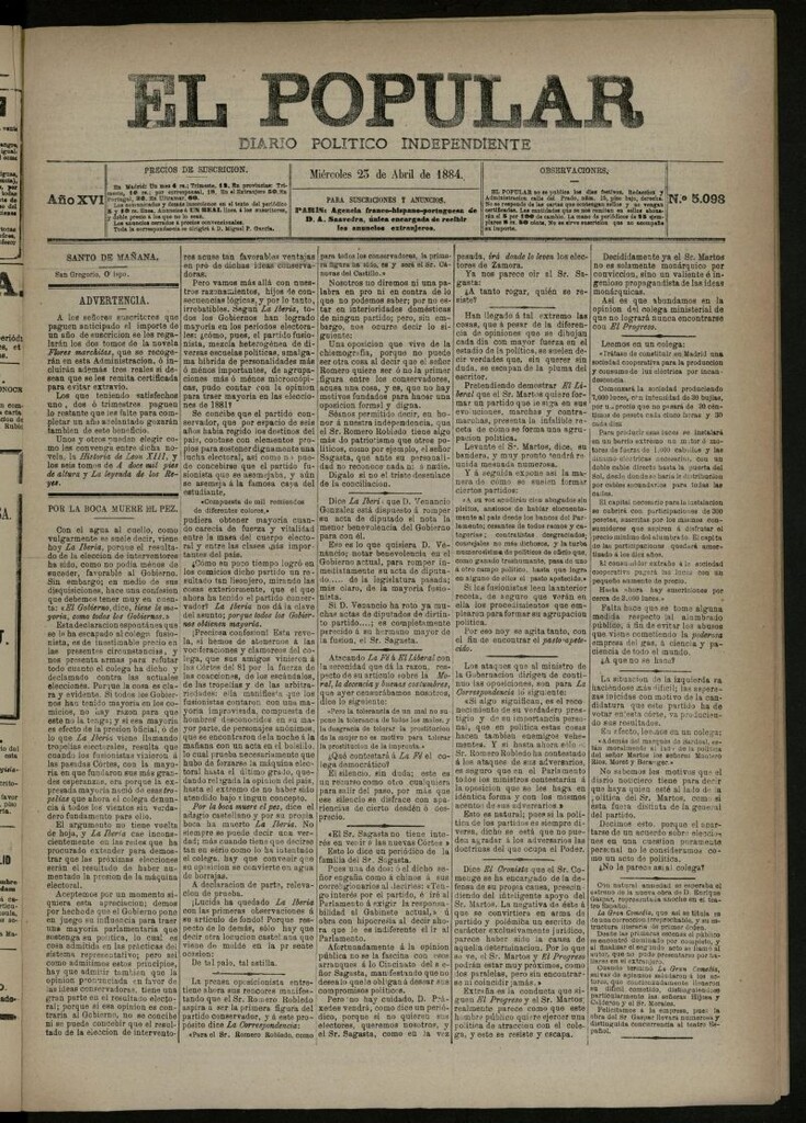Miniatura de El Popular: diario independiente, político, literario y de noticias de interés general del 23 de abril de 1884, nº 5098