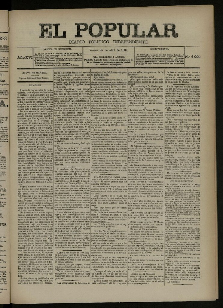 Miniatura de El Popular: diario independiente, político, literario y de noticias de interés general del 25 de abril de 1884, nº 6000 [sic ]