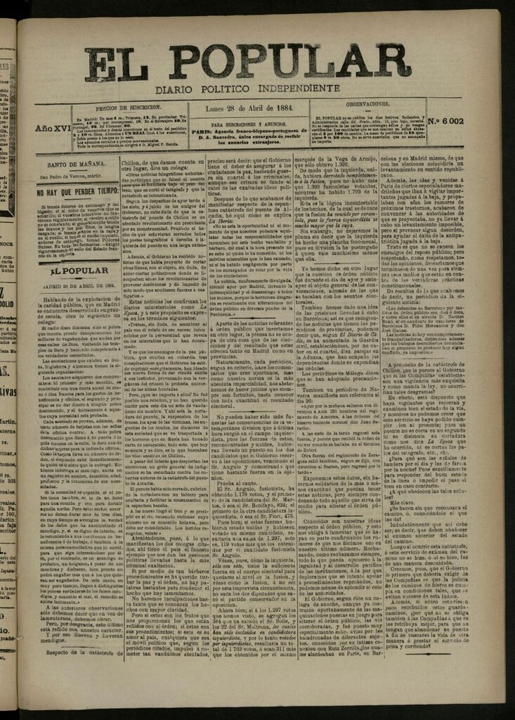 Miniatura de El Popular: diario independiente, político, literario y de noticias de interés general del 28 de abril de 1884, nº 6002