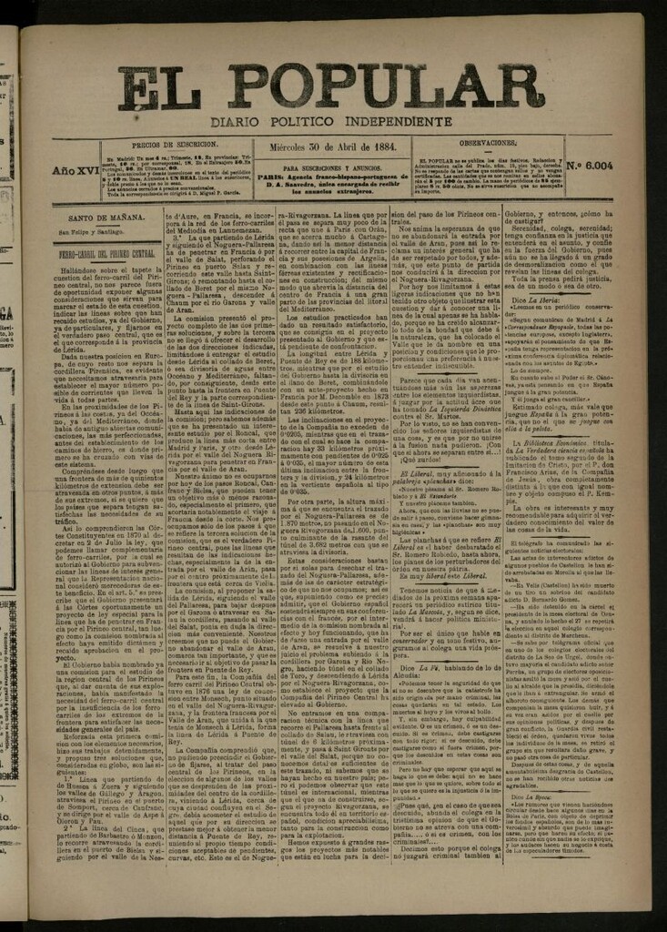 Miniatura de El Popular: diario independiente, político, literario y de noticias de interés general del 30 de abril de 1884, nº 6004