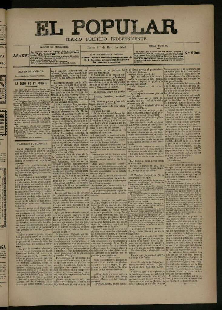 Miniatura de El Popular: diario independiente, político, literario y de noticias de interés general del 1 de mayo de 1884, nº 6005