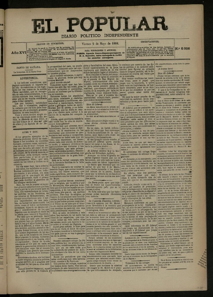 Miniatura de El Popular: diario independiente, político, literario y de noticias de interés general del 2 de mayo de 1884, nº 6006