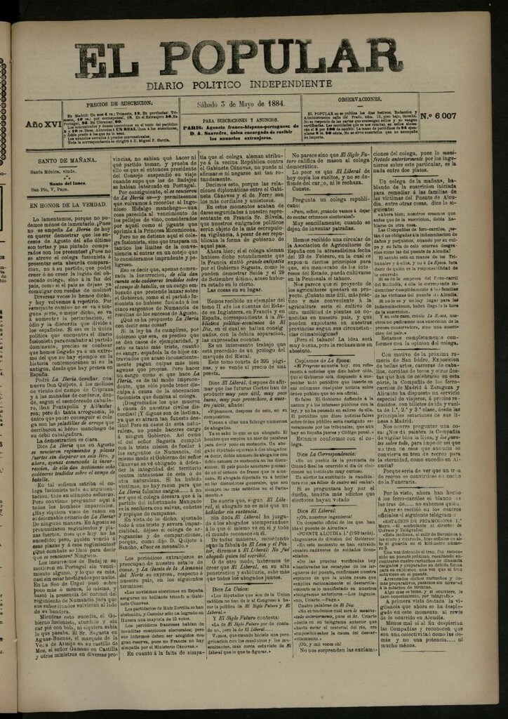 Miniatura de El Popular: diario independiente, político, literario y de noticias de interés general del 3 de mayo de 1884, nº 6007