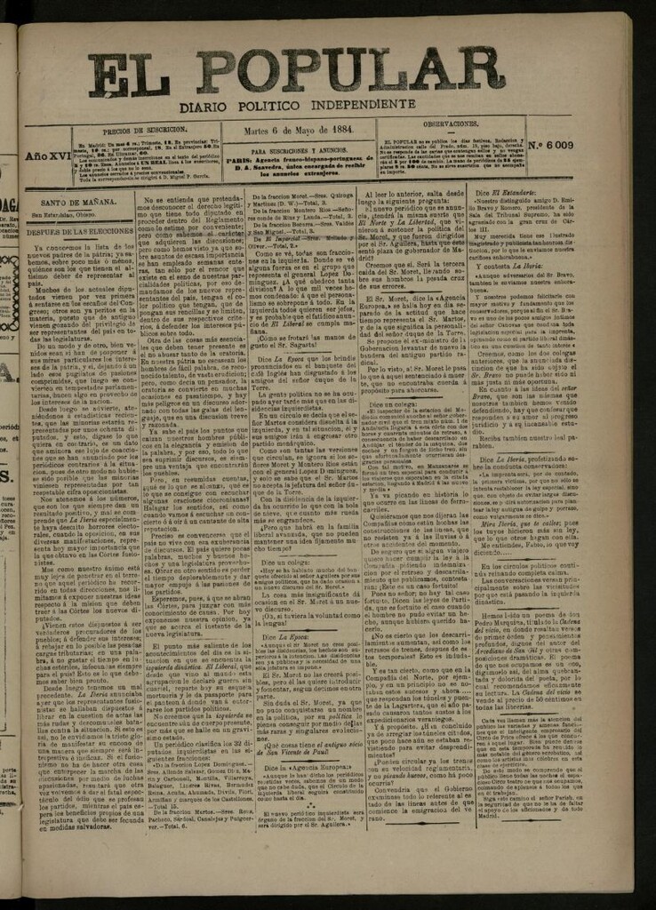 Miniatura de El Popular: diario independiente, político, literario y de noticias de interés general del 6 de mayo de 1884, nº 6009