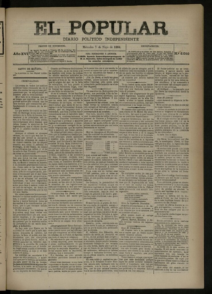 Miniatura de El Popular: diario independiente, político, literario y de noticias de interés general del 7 de mayo de 1884, nº 6010