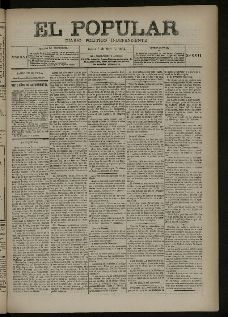 Miniatura de El Popular: diario independiente, político, literario y de noticias de interés general del 8 de mayo de 1884, nº 6011