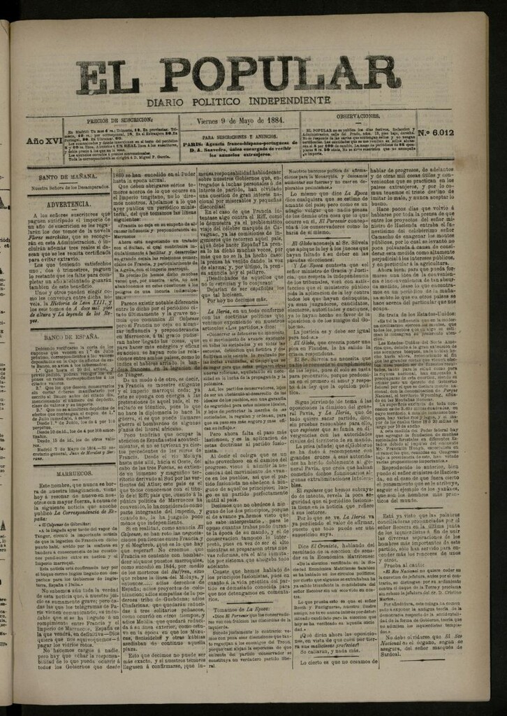 Miniatura de El Popular: diario independiente, político, literario y de noticias de interés general del 9 de mayo de 1884, nº 6012