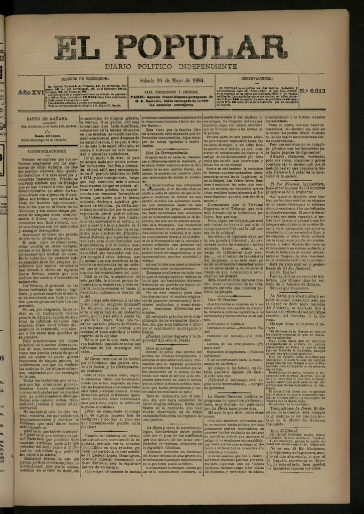 Miniatura de El Popular: diario independiente, político, literario y de noticias de interés general del 10 de mayo de 1884, nº 6013
