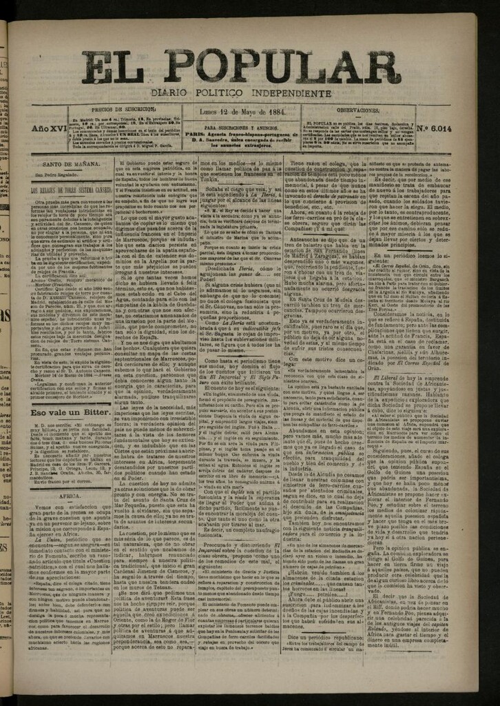 Miniatura de El Popular: diario independiente, político, literario y de noticias de interés general del 12 de mayo de 1884, nº 6014