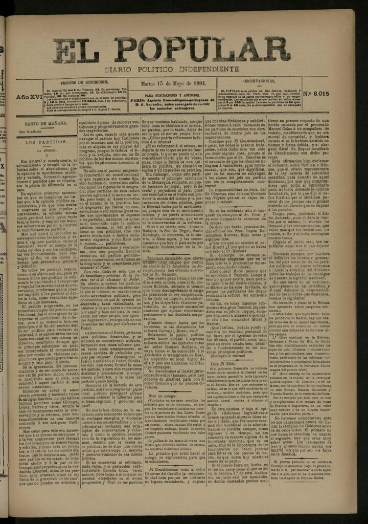 Miniatura de El Popular: diario independiente, político, literario y de noticias de interés general del 13 de mayo de 1884, nº 6015